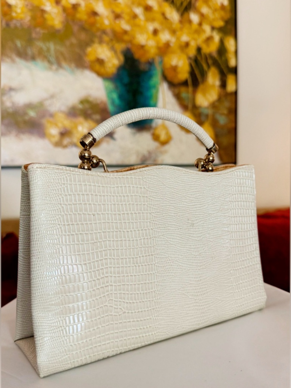 Vintage Cream Croc-Embossed Top Handle Bag